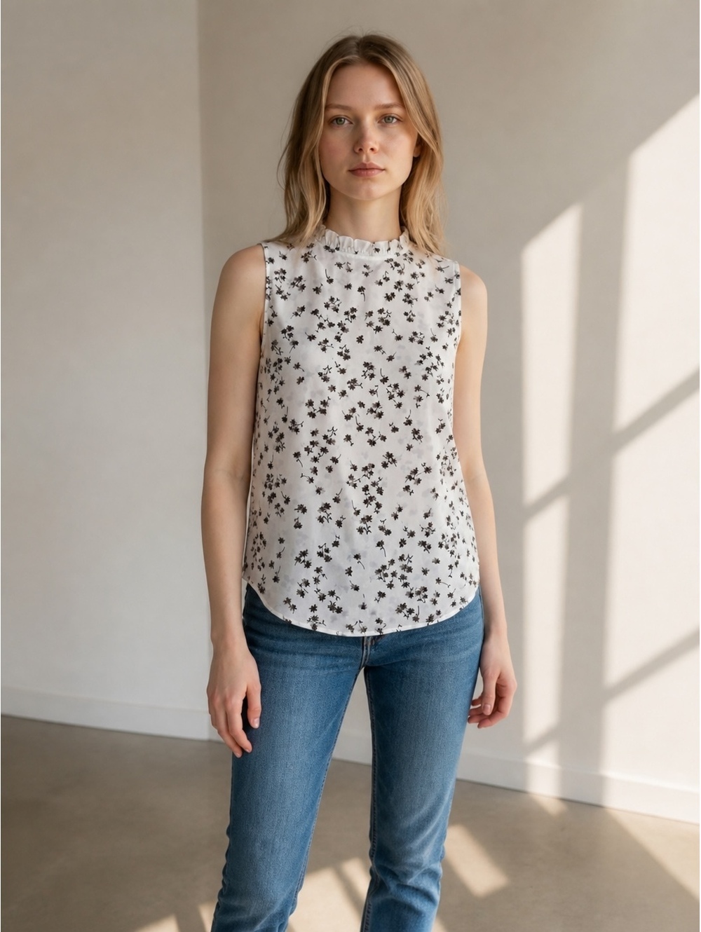Ann Taylor Sleeveless Floral Print Blouse with Ruffle Neck, Size M